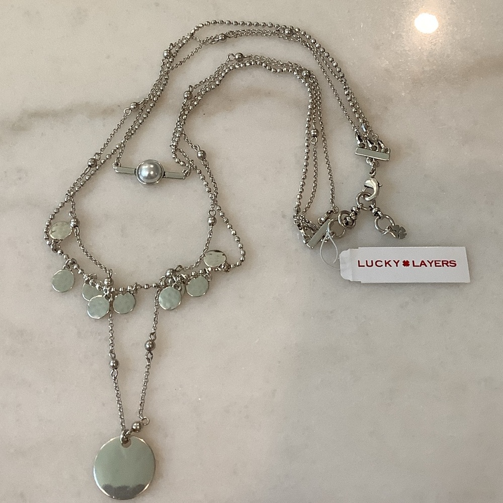 Lucky Brand Silver Layered Necklace with Mint Discs, Brand New